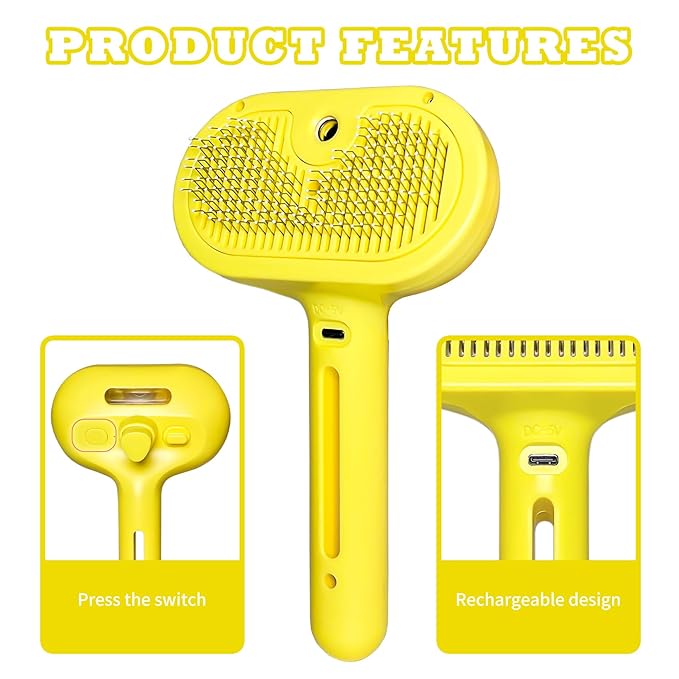 Cat Brush for Shedding - Pet Hair Removal Comb with Water Tank, Steam Brush, Cat Bath Brush, Dog Brush - Yellow-Mewly Pet