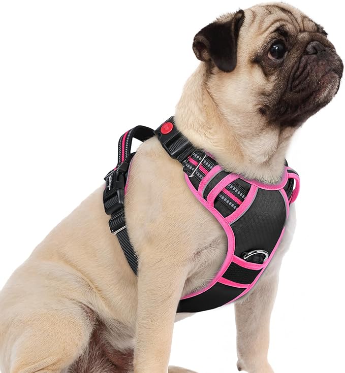 rabbitgoo Dog Harness Small Sized, No Pull Dog Vest with 3 Buckles, Adjustable Soft Padded Pet Harness with Easy Control Handle and Reflective Strips, Black & Rose Pink, S-Mewly Pet