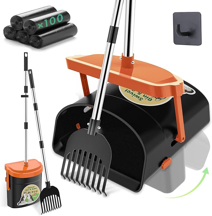 UPSKY Dog Pooper Scooper Swivel Bin & Rake Kit with 100 Waste Bags,33.4" Stainless Steel Long Handle Heavy Duty Pet Poop Shovel for Large Medium Small Dogs, Odor-Proof Lid for Yard/Lawn/Outdoor Use-Mewly Pet