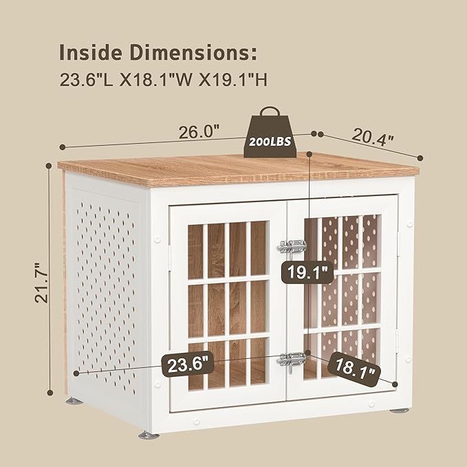 26" Heavy Duty Dog Crate Furniture for Small Dogs, Metal Kennel for High Anxiety Dogs, Chew Proof Pet Cage Indoor, Decorative Dog Kennel End Table,White-Mewly Pet