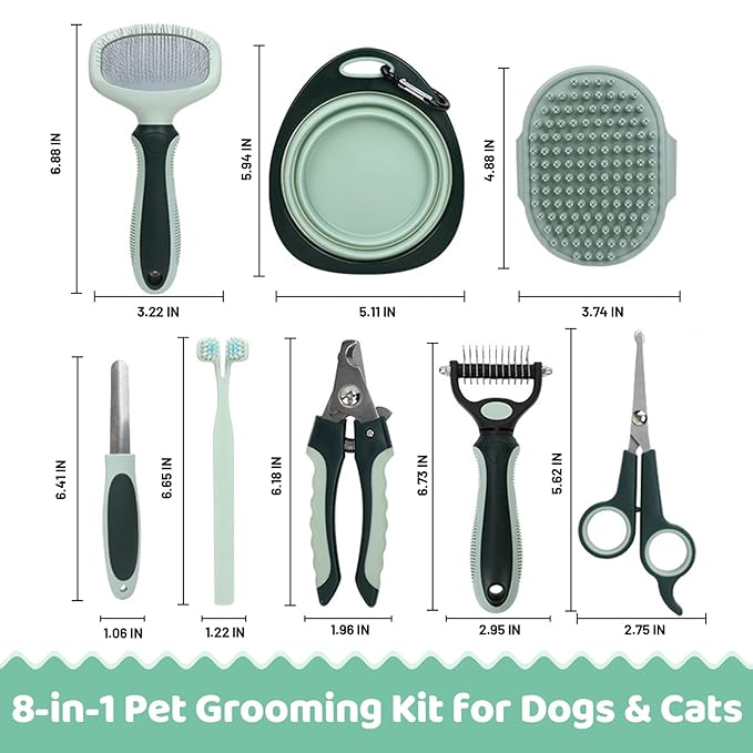 8-in-1 Pet Grooming Kit for Dogs & Cats - Includes Slicker Brush, Nail Clippers, Comb, Scissors, Toothbrush & Collapsible Bowl - Deshedding, Hair Trimming & Care Set, Travel Bag-Mewly Pet