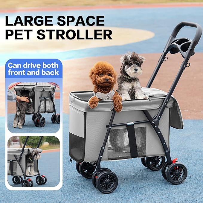 Pet Stroller Cat Dog Stroller Travel Folding Pet Carriers（Gray）-Mewly Pet