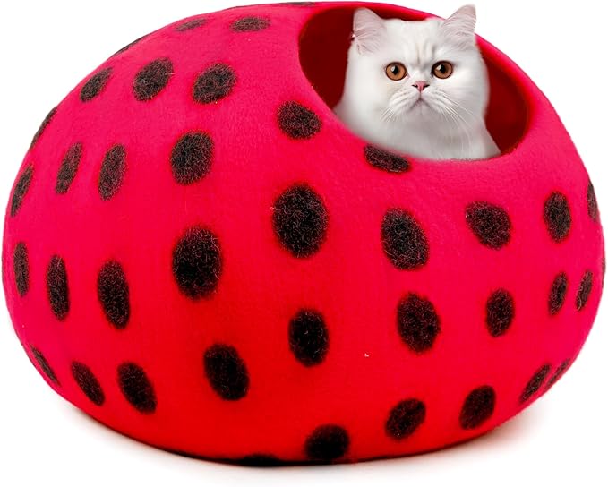 Woolygon Premium Felt Cat Cave Bed - Polka Dot Series - Wool Kitty Beds Handcrafted Kitten Caves Bed for Indoor Cats - Eco-Friendly Merino Wool, Foldable Cat Hideaway Cat Houses (Red/Black Dots)-Mewly Pet