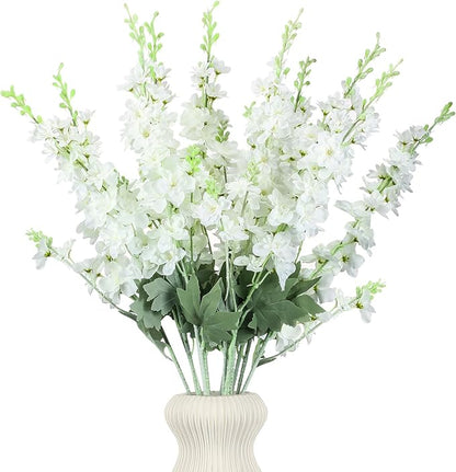 12 Pcs White Delphinium Artificial Flower 35.4'' Long Larkspur Stem White Fake Faux Silk Flowers Bulk for Tall Vase Floral Arrangements Home Centerpiece Table Wedding Decor