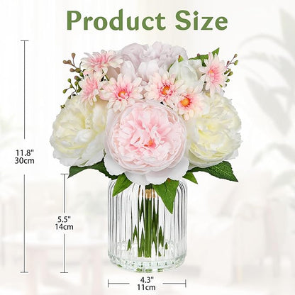 DILATATA Artificial Flowers in Vase Pink Silk Peony & Daisy Faux Floral Arrangements for Table Centerpieces, Home Office Kitchen Bathroom Decor, Spring Fake Flower Arrangement