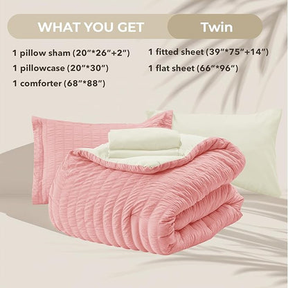 HYMOKEGE Pink/Ivory Twin Comforter Set Seersucker 5 Pieces, All Season Luxury Bed in a Bag for Bedroom, Bedding Set with Comforter, Sheets, Pillowcase & Sham