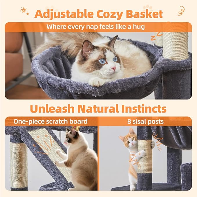 Taoqimiao Cat Tree 71-Inch, Cat Tower for Indoor Cats Large Adult, Multi-Level Large Cat Condo, 8 Sisal Scratching Posts, Metal Frame Cozy Hammock, Scratch Board, 2 Top Perches, Smoky Gray MS026LG-Mewly Pet