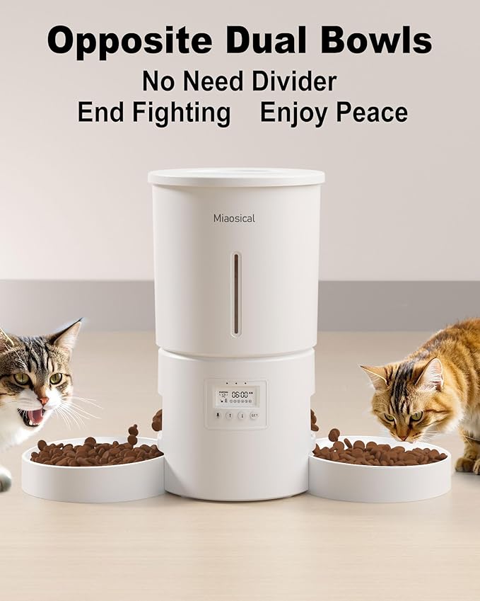 Dual Automatic Cat Feeder 2 Cats,6 Meals/Day,12 Portions/Meal,4.2L Dual Power Double Bowls Feeder,Dry Food Auto Pet Dispenser,10S Voice Record,Flexible Schedule Timer (White,Basic Dual Bowls)-Mewly Pet
