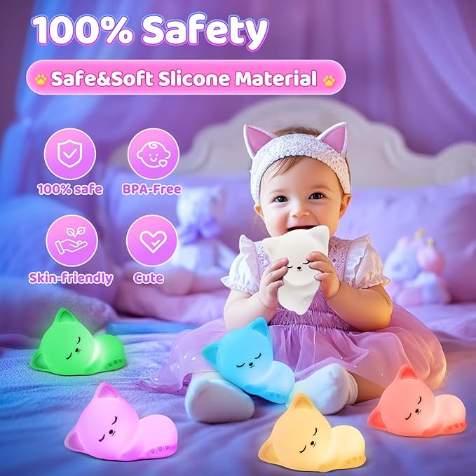 Mubarek Night Light for Kids,16Colors Cat Night Light for Kids Cute Lamp,Dimmable Toddler NightLight for Girls,Soft Silicone Nightlight for Baby Room, Rechargeable Cute Lamp Big Size