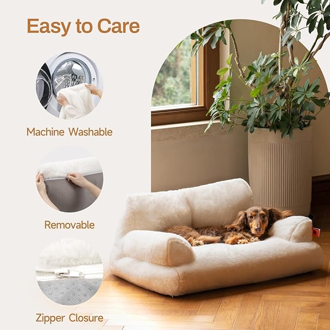 MEWOOFUN Cat Bed for Indoor Cats, Washable Dog Beds for Small Dogs & Cats with Removable Cover, Fluffy Cat Couch with Non-Slip Bottom (Beige, 26.0" L X 19.0" W X 13.0" Th)-Mewly Pet