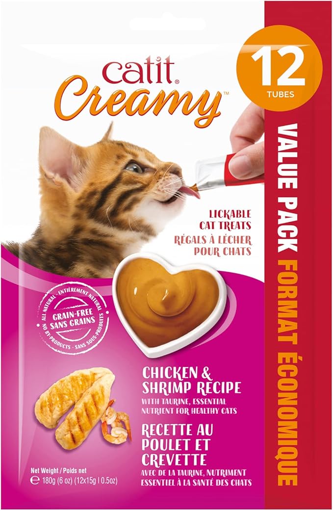 Catit Creamy Lickable Cat Treat, Healthy Cat Treat, Chicken & Shrimp, 12 Pack, 0.5 Ounce (Pack of 12)-Mewly Pet