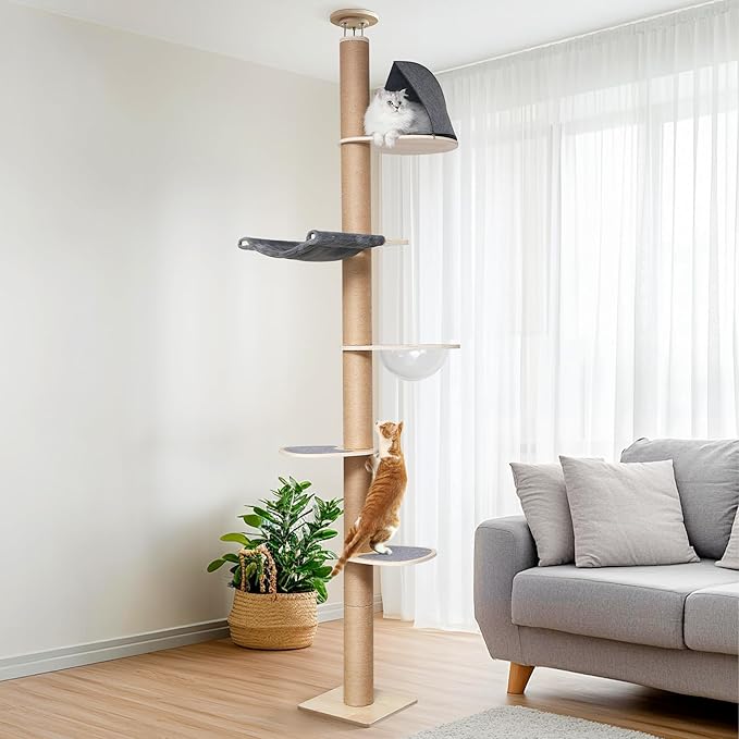 FUKUMARU Floor to Ceiling Cat Tree, 6 Level Adjustable Height (5.7-9.8 ft) Climbing Tower with Thickened Scratching Posts, Cats Activity Center with Transparent Capsule and Cozy Hammock-Mewly Pet