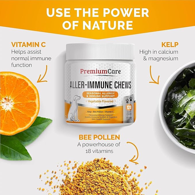 PREMIUM CARE Itch Relief for Dogs - 120 Allergy Chews for Dogs - Anti Itch Seasonal Support for Pets Itchy Skin Relief Skin Health Support with Colostrum, Vitamin C, Omega and Bee Pollen-Mewly Pet