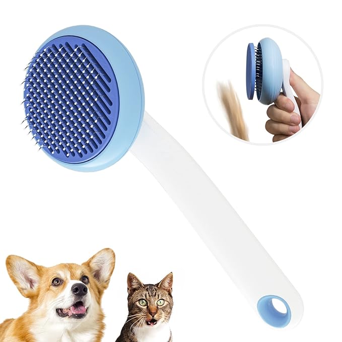 Self-Cleaning Slicker Brush for Pet Grooming: Removes Tangles, Loose Undercoat & Mats from Cats & Dogs (Blue)-Mewly Pet