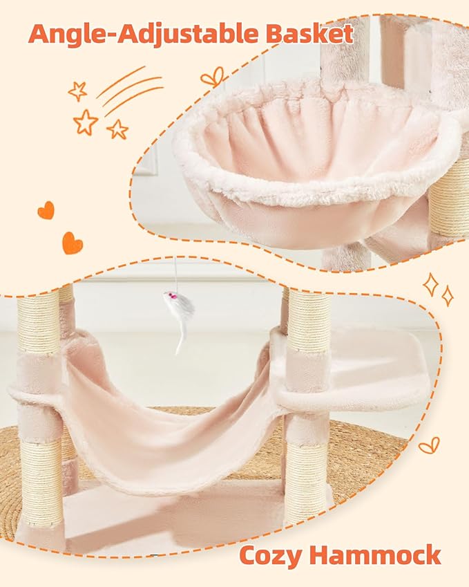 Taoqimiao Cat Tree, 66.2-Inch Cat Tower for Indoor Cats, Plush Multi-Level Cat Condo with 12 Scratching Posts, 2 Perches, 2 Caves, Hammock, 2 Pompoms, Jelly Pink MS013P-Mewly Pet