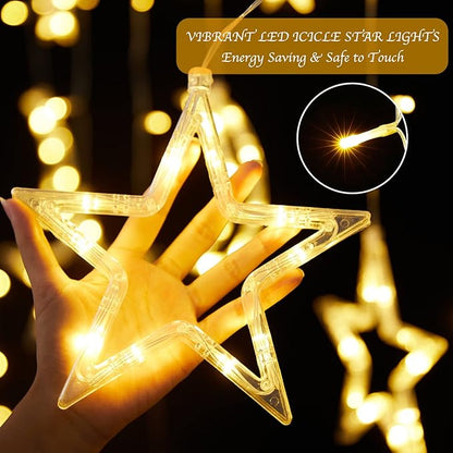 Christmas LED Curtain String Lights - 18FT 12 Drops 138 LED Star Moon Hanging Lights with Remote, 8 Modes, 6H Timer, Waterproof Connectable Window Lights for Indoor Outdoor Holiday Decorations
