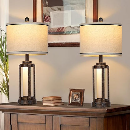 Farmhouse Lamps with USB A+C Charging Ports & AC Outlet, Rustic Vintage Industrial Table Lamps Metal Lamp with Glass LED Night Light & Beige Fabric Shade for Living Room Bedrooms Nightstand Bronze