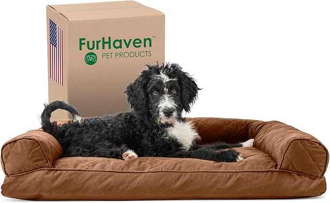 Furhaven Pillow Dog Bed for Large/Medium Dogs w/ Removable Bolsters & Washable Cover - Quilted Sofa - Toasted Brown, Large-Mewly Pet