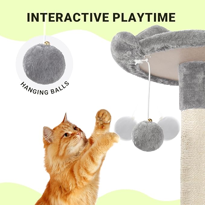 Allewie 64 Inches Cat Tree Tower/Multi-Level Activity Center for Indoor Big Felines/2 Plush Condos/2 Perchs/Basket/House/Sisal Scratching Posts/Hanging Cat Toys/Grey-Mewly Pet