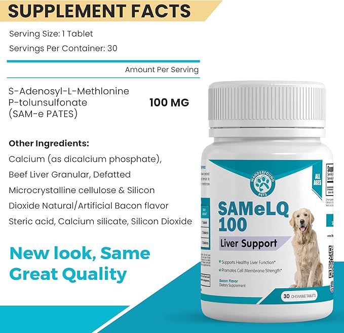 Same 100, Liver Support for Dogs, SAM e Chewable Hepatic Support for Dogs, Promotes Cell Membrane Strength, Bacon Flavor (60 Count)-Mewly Pet