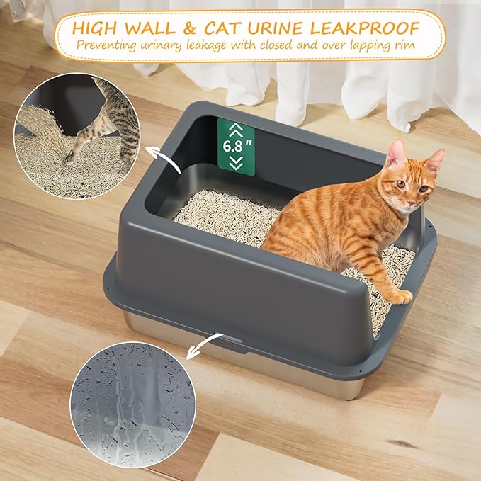 Stainless Steel cat Litter Box, Covered Metal Litter Box, cat Litter Pans with high Sides, Kitty Litter Boxes for Indoor Cats (Non Sticky, Easy to Clean, Anti-Urine Leakage) 17.5" L x 13.5" W x 4" H-Mewly Pet