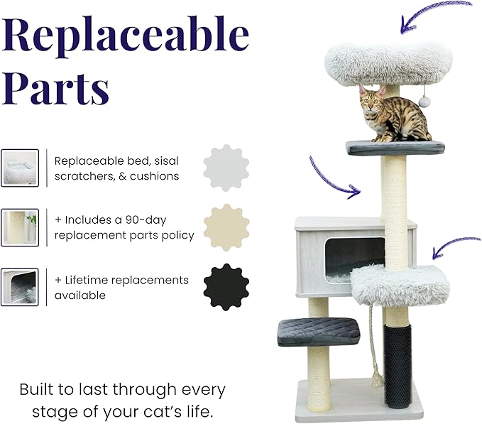 Catry Kasio 6 Level 54" High Modern Cat Tree with Laminated Wood Condo,Replaceable Scratching Posts,Removeable Washable Beds, Self Grooming Brush and Toys.(Light Gray)-Mewly Pet