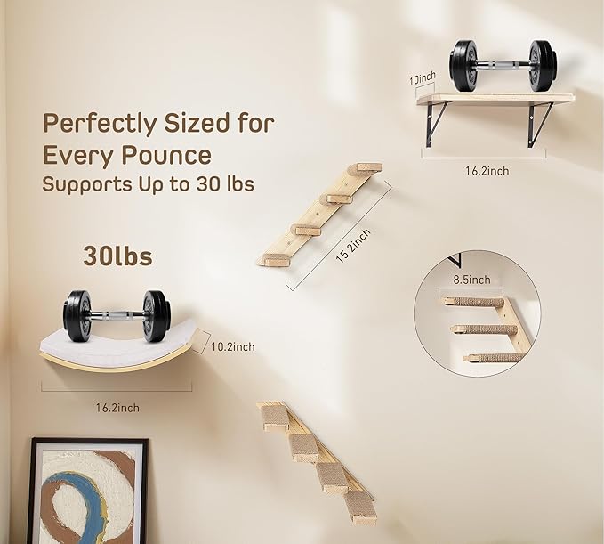 Cat Wall Shelves with Cats Window Perch – 4-Piece Wooden Cat Climbing Furniture Set with Soft Foam Curved Bed, Flat Shelf & 2 Wall 4-Steps Ladders-Mewly Pet
