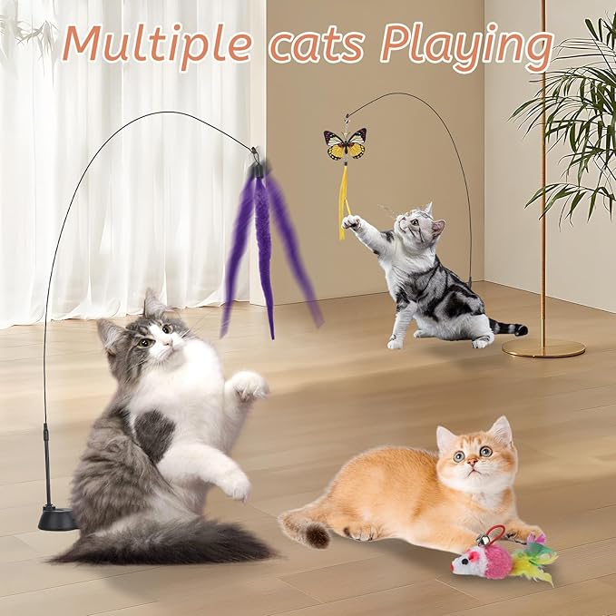 Suction Cup Cat Toys,Interactive Cat Wand with 15Pcs (Feather, Mouse, Butterfly, Worm),Durable Cats Fishing Pole Toy for Indoor Kittens,Fun Stick Toy for Exercise&Play-Mewly Pet