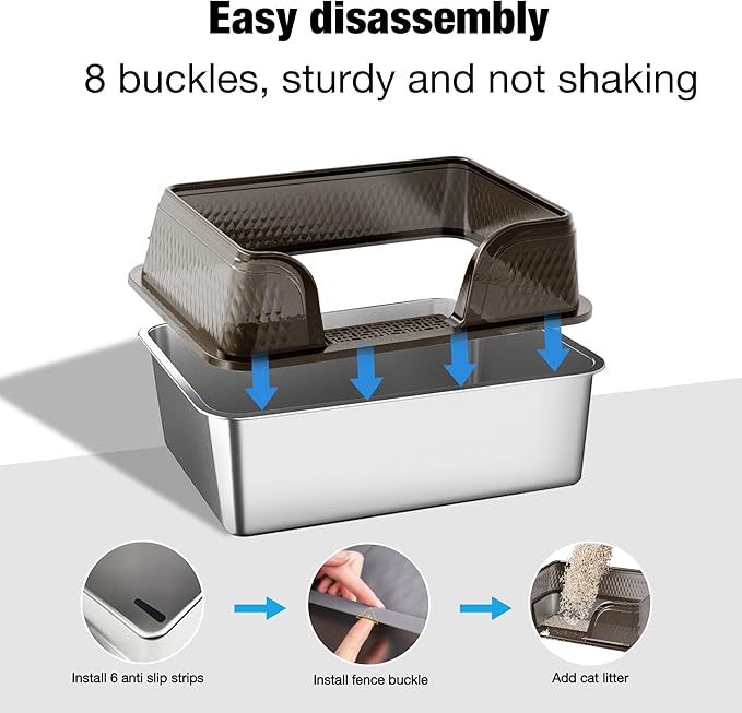 Suhaco Extra Large Stainless Steel Litter Box with Lid XXXL High Sided Cat Litter Boxes Included Litter Mat & Litter Scoop Anti-Urine Leakage Metal Pet Toilet for Big Cats (Black XXXL)-Mewly Pet