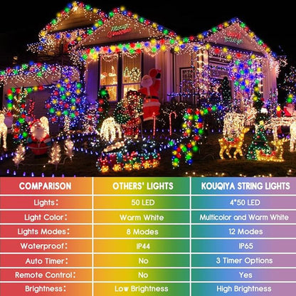 Battery Christmas Lights 4 Pack, 17ft 50 LED Dual Color Changing Mini String Light with 3 Auto-Timer Options and 12 Lighting Modes Waterproof Tree Lights (Warm White & Multicolor, 50 LEDs x 4 Pack)