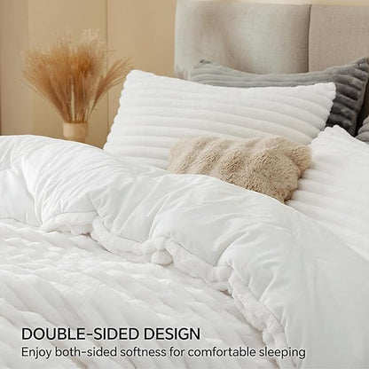 BEDELITE Fleece Queen Comforter Set -Super Soft & Warm Fluffy Bright White Bedding, Luxury Fuzzy Heavy Bed Set for Winter with 2 Pillow Cases