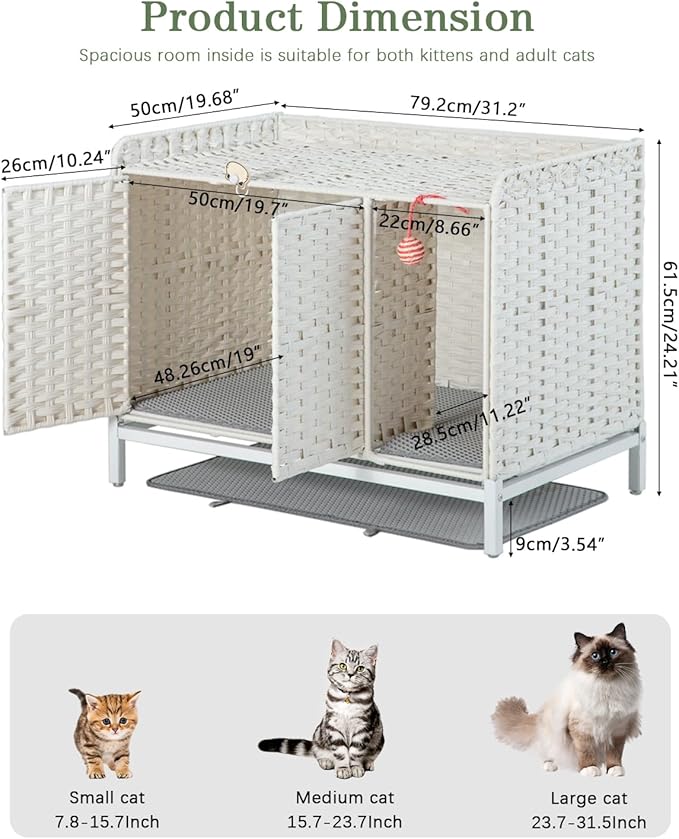 Cat Litter Box Enclosure Furniture with Divider, Handwoven Rattan Litter Box with Mat, 31.2 x 19.6 x 24.2 Inches, Metal Heightened Feet, Hidden Cat House for Living Room, Bedroom (White)-Mewly Pet