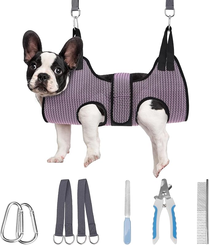 PAWCHIE Dog Grooming Hammock Harness for Dogs & Cats with Pet Nail Clipper Trimmer- Breathable Cat Hanger Sling for Trimming Clipping Nails-Dog Hammock Restraint Bag for Small Medium Large Dog, Pink S-Mewly Pet