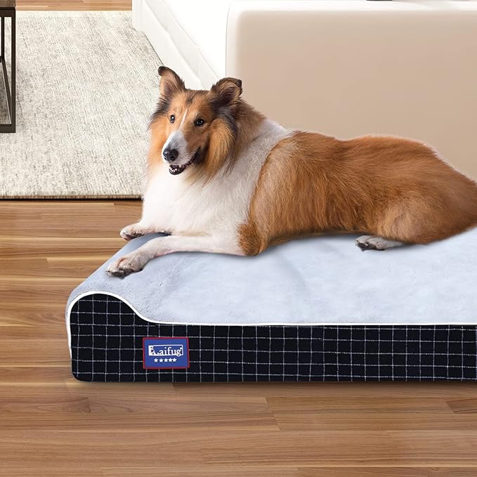 Laifug Orthopedic Memory Foam Extra Large Dog Bed with Pillow and Durable Water Proof Liner & Removable Washable Cover & Smart Design (Jumbo (50"x36"x10"), Black Grid Gray)-Mewly Pet