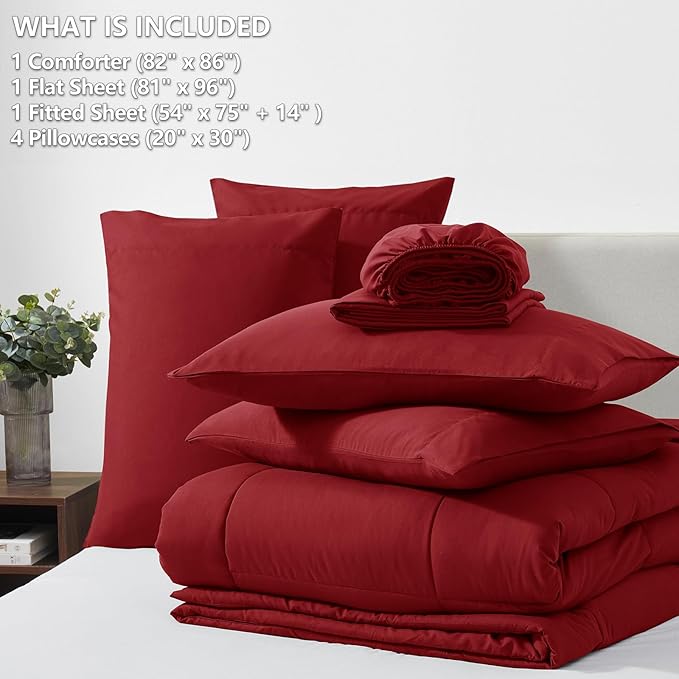 CozyLux Full Size Comforter Sets Dark Red, 7 Pieces Bed in a Bag, Red Comforter Full Size, All Season Bedding Sets with Stitch Quilted Comforter, Flat Sheet, Fitted Sheet, Pillowcases