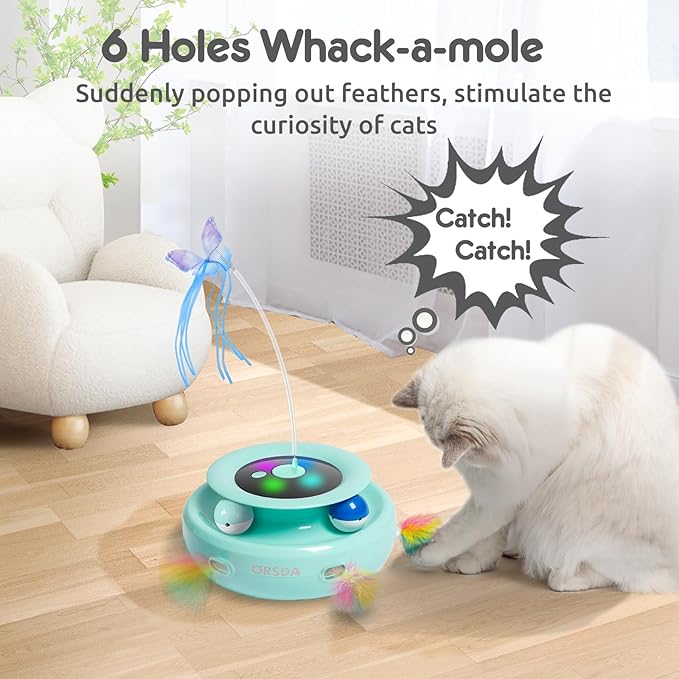 ORSDA Cat Toy, 3-in-1 Automatic Interactive Electronic Moving Ambush Feather, Fluttering Butterfly, Track Balls, USB Rechargeable Powered Smart Indoor Exercise Kicker-Mewly Pet