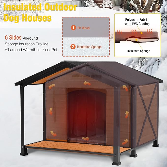 Aivituvin Outdoor Dog House with Chewproof Strong Metal Frame Insulated Outside Dog Kennel Weatherproof for Medium to Large Dogs, (41.5" L x 41.4" D x 34.1" H)-Mewly Pet