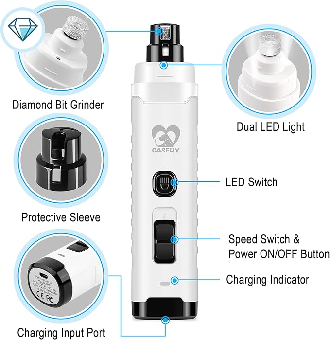 Casfuy Dog Nail Grinder with 2 LED Light for Large Medium Small Dogs - 3X More Powerful 2-Speed Electric Pet Nail Trimmer Rechargeable Quiet Painless Paws Grooming & Smoothing Tool (White)-Mewly Pet