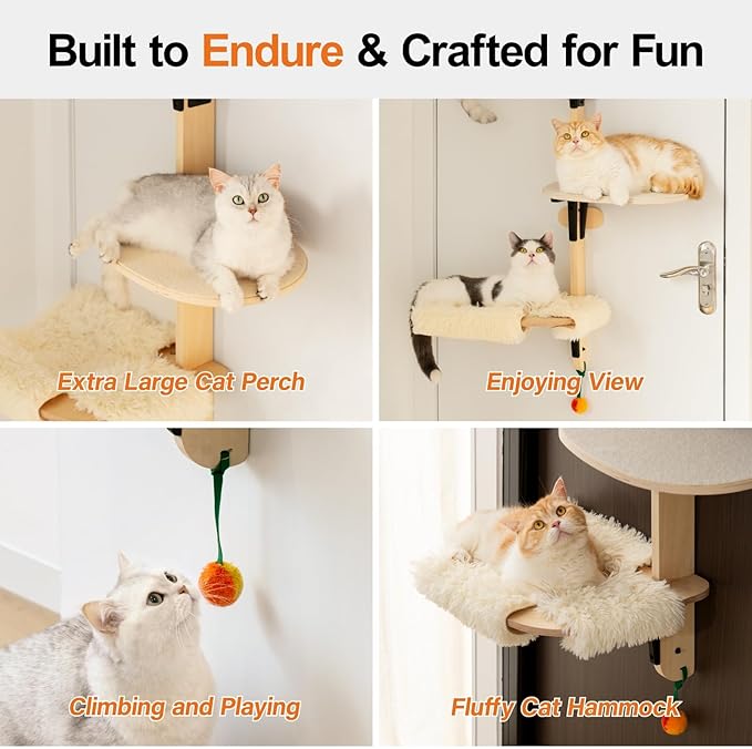 MEWOOFUN Cat Climbing Shelves Tree, 4-Levels Over Door Cat Climber for Jumping, Stable Cat Stairs Hammock for Kittens & Adult Cats (Wooden-65 H x 26.8” L x 13.8” W)-Mewly Pet