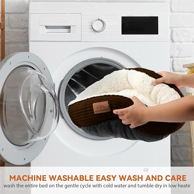 23in Round Cat Dog Bed for Large Medium Small Dogs Cats, Machine Washable Sleeping Sofa, Non-Slip Bottom Breathable Soft Calming Pet Cuddler for Indoor/Outdoor/Car/Cage, Brown-Mewly Pet