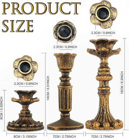 GEMLORD 6 Pcs Vintage Candlestick Holders for Taper, Resin Candle Holder Retro Antique Bronze Candle Holder for Wedding Party Anniversary Table Fireplace Home Decoration (3 Style)