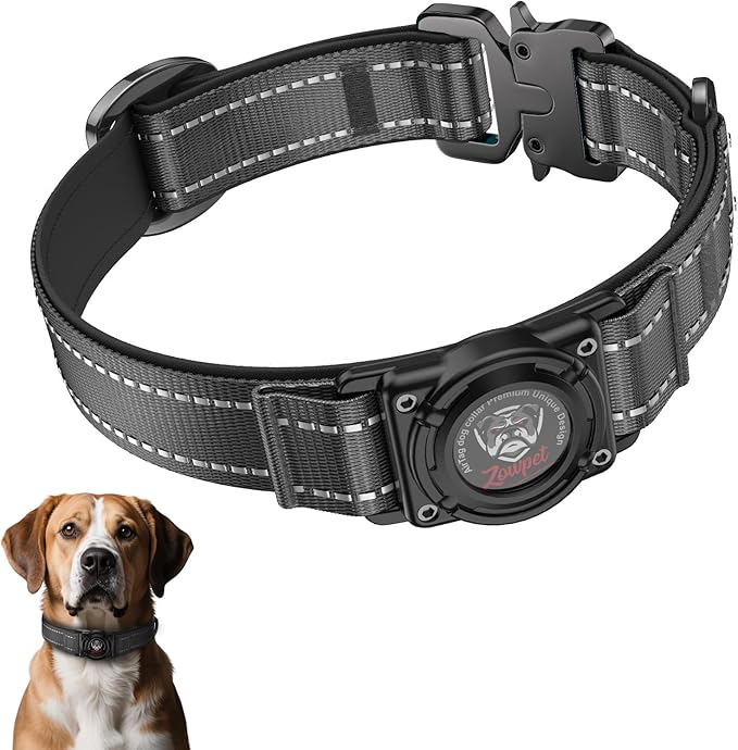 2025 Upgrade Airtag Dog Collar, Reflective Dog Collar with Airtag Holder, IP68 Waterproof| Metal Buckle| Ultra-Durable| Comfortable Padded, GPS Dog Collars for Medium Large Dogs (Black,L)-Mewly Pet