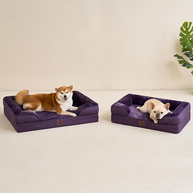 EHEYCIGA Orthopedic Dog Beds for Large Dogs, Waterproof Memory Foam Large Pet Bed with Sides, Non-Slip Bottom and Egg-Crate Foam Dog Couch Bed with Washable Removable Cover, Purple-Mewly Pet