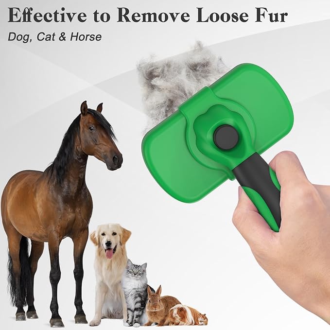 Self Cleaning Deshedding Brush for Dogs & Cats - Skin Friendly Grooming Tool with Hair Removal for Haired Pets, Green-Mewly Pet