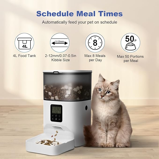 Automatic Cat Feeder, 4L Cat Food Dispenser with 10s Voice Recorder, Pet Feeder up to 8 Meals per Day, Timed Dog Feeder with Dry Food Sealed Ring (White, 4L-Basic)-Mewly Pet