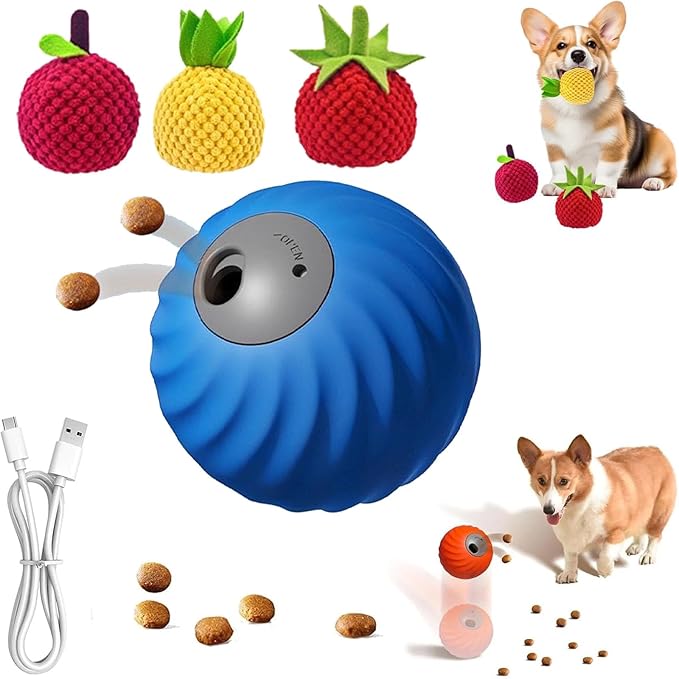 Zoomie Buddy 2.0, Zoomie Buddy for Dogs, 2 in 1 Smart Touch Interactive Dog Balls ＆ Pet Feeder, 2.83" Diameter, Suitable for Small/Medium Dogs, with Fruit Plush Cover (Blue, 3*Mix)-Mewly Pet