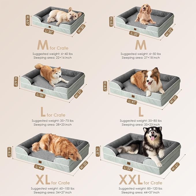EHEYCIGA Orthopedic Dog Beds for Large Dogs, Waterproof Memory Foam Large Pet Bed with Sides, Non-Slip Bottom and Egg-Crate Foam Dog Couch Bed with Washable Removable Cover, Greyish Green-Mewly Pet
