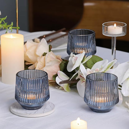 12 Pcs Large Blue Votive Candle Holders- 3.15"×3.15" Ribbed Blue Candle Holders, Blue Tea Lights Candle Holders for Dusty Blue Wedding Decor, Bridal Shower Decorations, Blue Centerpieces for Tables
