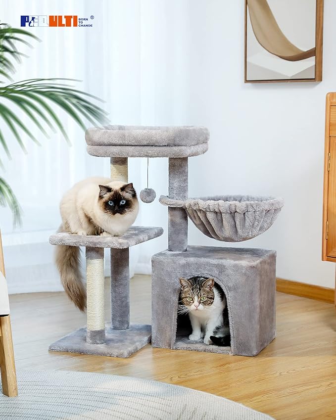 PEQULTI Small Cat Tree, [28.5''] Cat Tower for Indoor Cats, 2 Styles Activity Tree with Cat Scratching Posts, Big Hammock and Removable Top Perch Grey-Mewly Pet