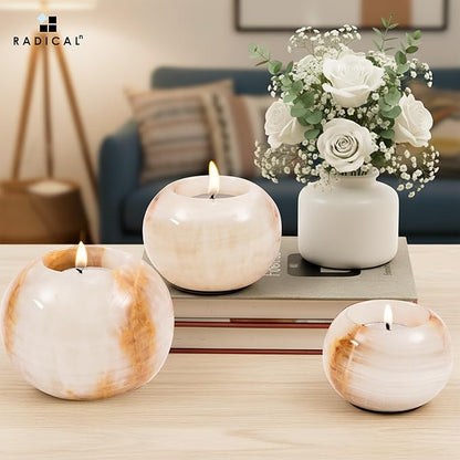 Radicaln Marble Tealight Candle Holder 4" Inch White Onyx Handmade Decorative Votive Candle Holder for Wedding Centerpieces, Elegant Set of 3 Mini Candle Holders for Living Room
